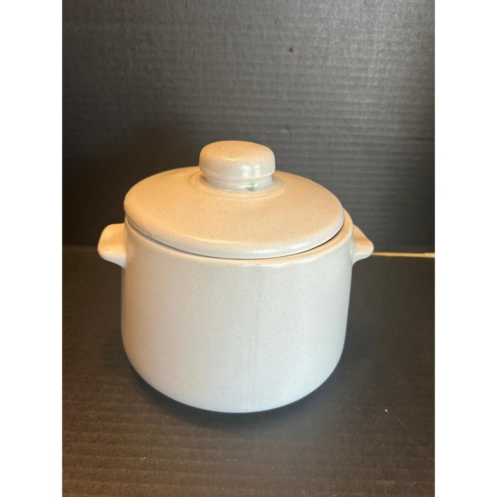 VINTAGE 'WEST BEND' 1960's CERAMIC STONEWARE GLAZED BEAN POT- FORK & SPOON MOTIF